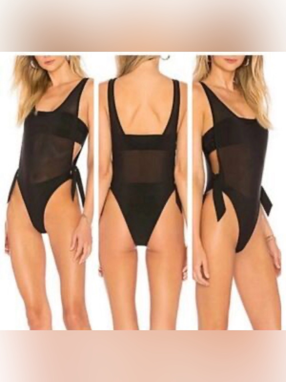 Kendall & Kylie Sheer Tie-Side One-Piece Bodysuit- Black